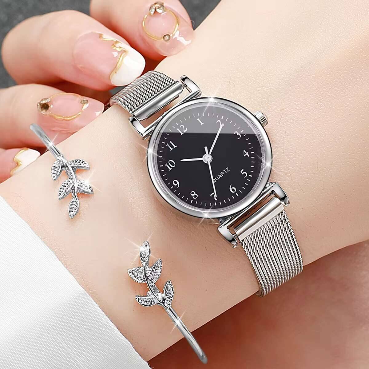 2pcs fashion women watches opening cuff bracelet bangle set casual mesh band quartz watch accessory gift (without box) 2pcs fashion women watches opening cuff bracelet bangle set casual mesh band quartz watch accessory gift (without box)