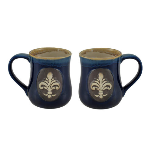 Set of 2 Glossy Blue Fleur De Lis Stoneware Coffee Mugs by Zeckos
