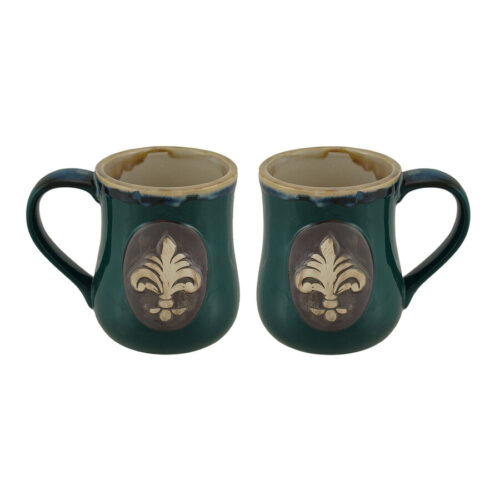 Set of 2 Glossy Green Fleur De Lis Stoneware Coffee Mugs by Zeckos
