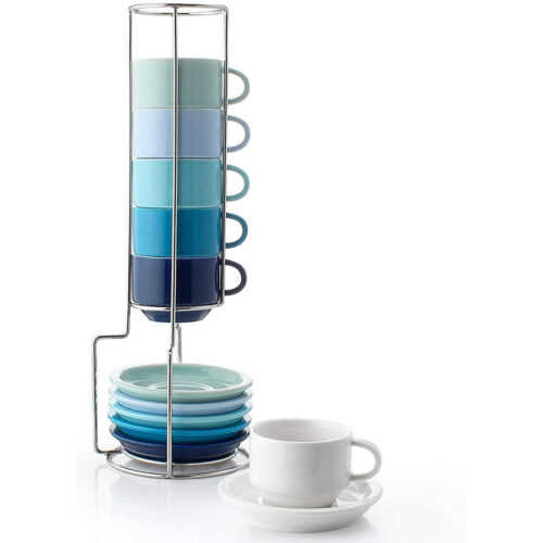 Porcelain Stackable Espresso Cups with Saucers and Metal Stand 2.5 by Cup & Saucer Sets