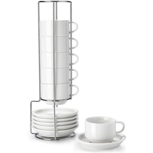 Porcelain Stackable Espresso Cups with Saucers and Metal Stand 4 by Cup & Saucer Sets