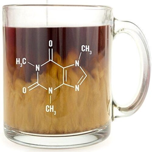 caffeine molecule glass coffee mug - makes a great gift for science by make em laugh