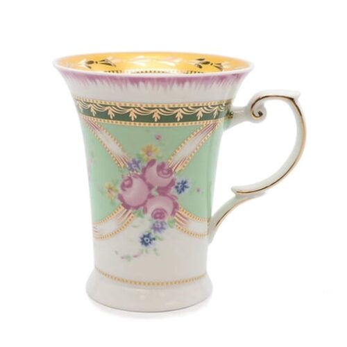 Royalty Porcelain "Floral Green" Tea Mug, Bone China 24K Gold by Royalty Porcelain